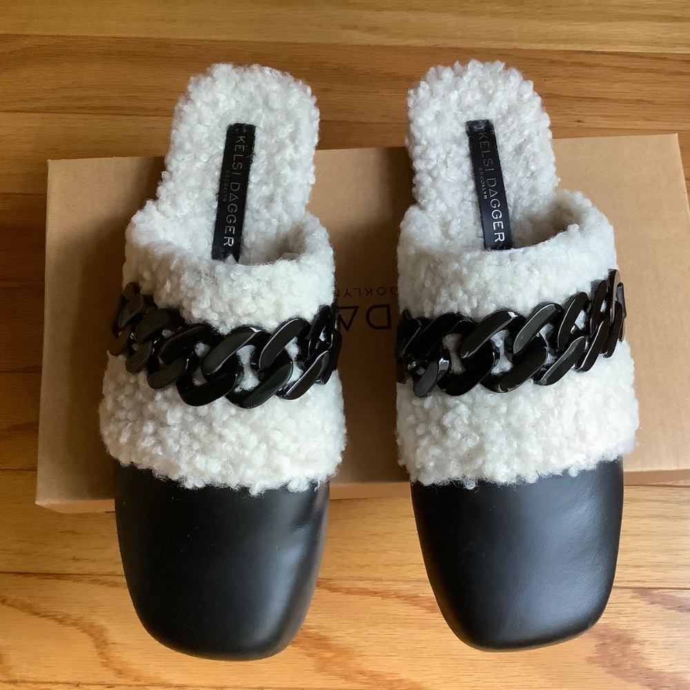 Kelsi Dagger Chunky Chain Faux Shearling Leather Slip-On Mule  Black SZ 9.5 - Picture 3 of 14